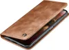 A brown leather flip case for a smartphone, shown partially open. Produktbild-Vorschau