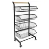 A black metal kitchen cart with four wire baskets and a wooden handle, shown on a white background. Podgląd zdjęcia produktu