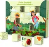An advent calendar shaped like a box with illustrations of people gardening and plants. Produktbild-Vorschau