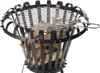 A black metal fire pit with a grill grate on top, filled with firewood. Produktbild-Vorschau