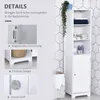 A white bathroom cabinet with various details highlighted, set against a tiled wall. Produktbild-Vorschau