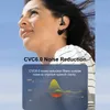 A woman wearing a Bluetooth earphone, with a graphic illustrating noise reduction. Voir les images du produit