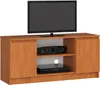 A TV stand with a television and electronic devices on it, presented against a white background. Voir les images du produit