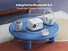 A projector, speaker, headphones, and earbuds are arranged on a blue table, with text overlay indicating Bluetooth 5.2 and an immersive theater audio experience. Produktbild-Vorschau