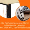 Close-up of a table edge and a caliper measuring its thickness, with marketing text below. Náhled obrázku produktu