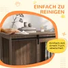 A hand is wiping the top of a wooden dog crate with a cloth, with text overlays highlighting ease of cleaning. Podgląd zdjęcia produktu