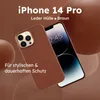 A brown leather iPhone 14 Pro case is shown next to the phone, with text overlay. Produktbild-Vorschau