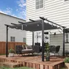 A backyard deck with a pergola, outdoor furniture, and string lights. Voir les images du produit