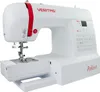 A white computerized sewing machine with red accents, shown from a three-quarter front angle on a white background. Produktbild-Vorschau