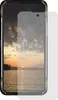 A screen protector is shown placed over a smartphone screen displaying a sunset over a body of water. Voir les images du produit