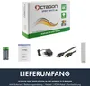 The image shows the packaging of an Octagon Spirit White 4K UHD Android TV Box along with its accessories and a description of the package contents. Produktbild-Vorschau
