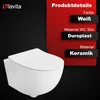 A white wall-mounted toilet is displayed against a black background, with a red overlay on the right side detailing product specifications. Produktbild-Vorschau