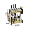 A two-tier kitchen organizer with spice jars, bottles, knives, and a cutting board, shown against a white background with dimensions indicated. Produktbild-Vorschau