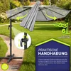 An outdoor patio umbrella shown in a garden setting, with close-up insets highlighting its features. Produktbild-Vorschau