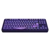 A dark purple mechanical keyboard with purple keycaps and RGB backlighting, set against a white background. Produktbild-Vorschau
