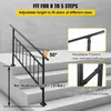 A black metal handrail is installed on a set of stairs, with callouts highlighting its adjustable features and dimensions. Anteprima dell’immagine prodotto