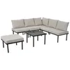 A beige sectional outdoor sofa set with a glass-topped coffee table and an ottoman, all on a white background. Náhled obrázku produktu
