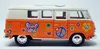A toy model of a VW T1 bus, painted orange and beige, decorated with peace and love symbols and flowers. Produktbild-Vorschau