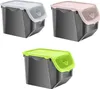 Three potato and onion storage boxes in different lid colors (white, pink, green) are displayed against a white background. Produktbild-Vorschau