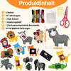 A collage of a DIY felt craft kit for making animal figures, showing the contents and some finished products. Produktbild-Vorschau