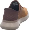 A rear view of a brown Skechers slip-on sneaker. Voir les images du produit