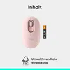 A pink Logitech mouse and an AA battery are shown on a light gray and white background, with text indicating "Inhalt" (Contents) and "Umweltfreundliche Verpackung" (Environmentally friendly packaging) with an FSC logo. Náhľad obrázku produktu