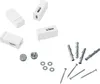 A collection of white mounting brackets, screws, wall plugs, and washers arranged on a white background. Náhľad obrázku produktu