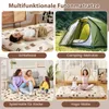 A collage of four images showing different uses of a futon mattress: as a sleeping bag, a camping mattress, a children's play mat, and a yoga mat. Náhled obrázku produktu