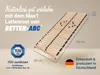 A wooden slatted bed base is shown at an angle, with dimensions and branding information overlaid. Produktbild-Vorschau