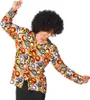 A person wearing a colorful 70s-style shirt and an afro wig, dancing. Podgląd zdjęcia produktu