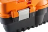 A close-up view of the latch and upper section of an orange and black toolbox. Produktbild-Vorschau
