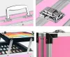 Collage of close-up shots of a pink art case, showing its handle, latch, interior compartments with art supplies, and corner reinforcement. Náhľad obrázku produktu