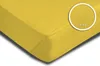 A close-up view of a yellow fitted sheet, with a circular inset showing a magnified view of the fabric texture and the word "Jersey". Produktbild-Vorschau