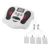 A white electronic foot massager with black and red foot pads, connected to four smaller white electrode pads via wires. Podgląd zdjęcia produktu