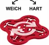 A red slatted bed base with arrows and text indicating 'WEICH' (soft) and 'HART' (hard). Produktbild-Vorschau