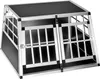 A dog transport box with a straight back and protective plastic corners.