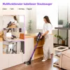 A collage showing a woman using a cordless vacuum cleaner in different home settings, with a main image of her cleaning a floor. Produktbild-Vorschau