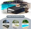 A black sun lounger is shown next to a swimming pool, with three circular images below showing different settings: a balcony, a terrace, and a poolside. Voir les images du produit