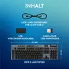 Diagram showing the contents of a Logitech G915 X LIGHTSPEED keyboard box, including the keyboard, cables, and USB receiver. Náhľad obrázku produktu