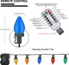 Diagram showing a remote control, a single LED bulb, and a string of lights with a battery pack. Produktbild-Vorschau