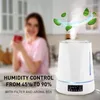 A woman is in the background holding a red object, while a white humidifier is in the foreground emitting mist and leaves are swirling around it. Produktbild-Vorschau