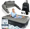 A woman is lying on an inflatable mattress, with various accessories and a rating badge displayed around it. Produktbild-Vorschau