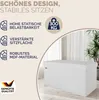 A white storage bench with text and icons highlighting its features. Produktbild-Vorschau