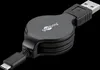 A black retractable USB-A to USB-C cable is shown against a black background. Produktbild-Vorschau