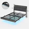 A diagram of a bed frame with dimensions and feature callouts. Produktbild-Vorschau