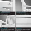 A collage of four images showcasing different features of a white wooden garden bench, with descriptive text overlays. Produktbild-Vorschau