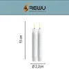 Two white LED taper candles with lit flames, shown with measurement indicators for height and diameter. Produktbild-Vorschau