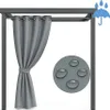A grey outdoor curtain hanging from a frame, with a close-up of the fabric showing water droplets. Voir les images du produit