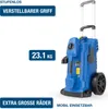 A blue pressure washer with a telescopic handle and large wheels, shown against a white background with marketing text overlays. Produktbild-Vorschau