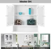 A collage of images showing a white bathroom cabinet with mirrored doors, displaying various bathroom accessories and decorative items. The bottom section shows the cabinet in different room settings: a bathroom, a bedroom, and an entrance area. Produktbild-Vorschau